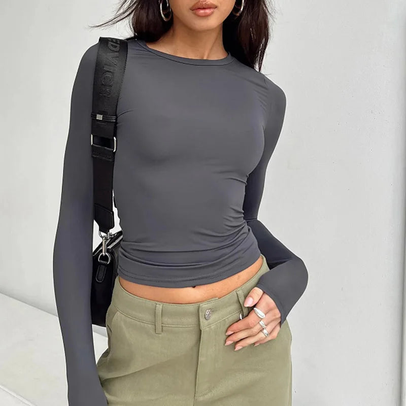 Spring Autumn Women Y2K Pink T-Shirt Causal Long Sleeve Crop Tops O Neck Pullovers Base Tees Bodycon Slim Fit T Shirt