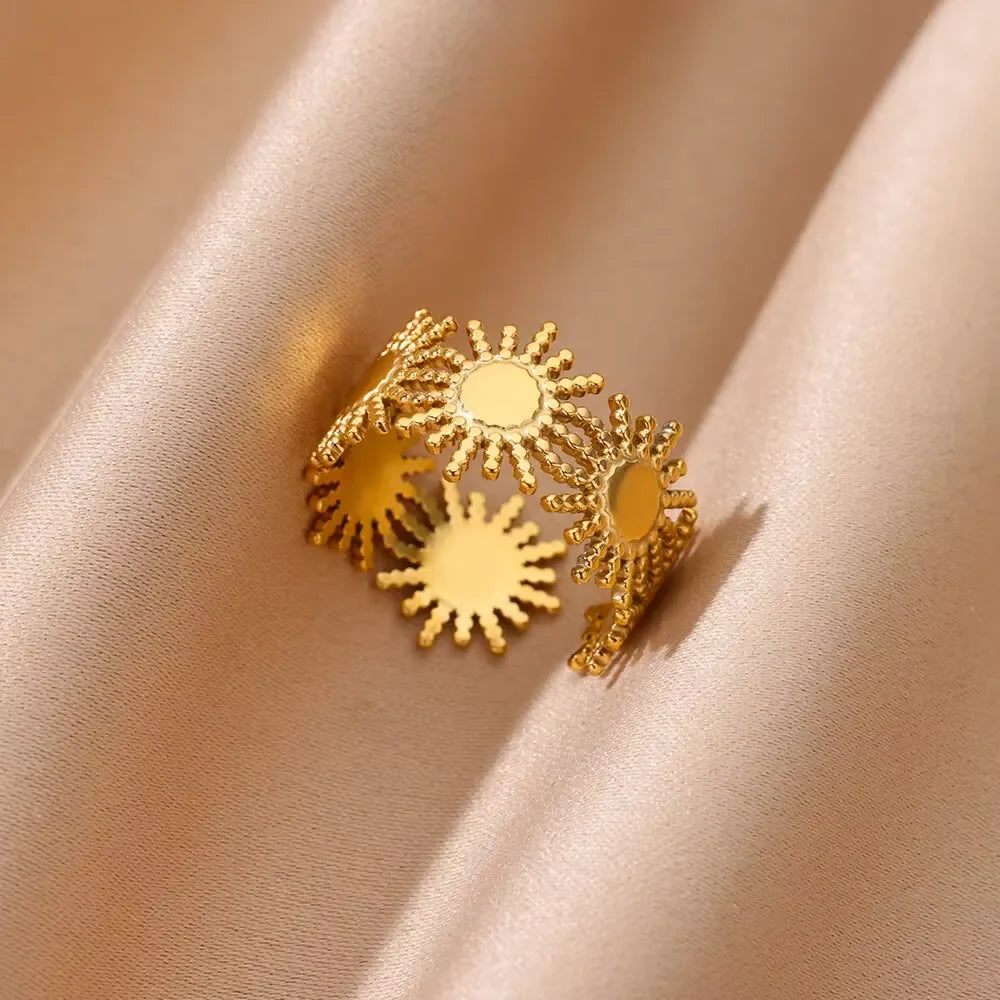 Elegant Stainless Steel Big Bloom Flower Rings For Women Gold Color Sun Starfish Open Ring Finger Jewelry Wedding Her Gift Punk