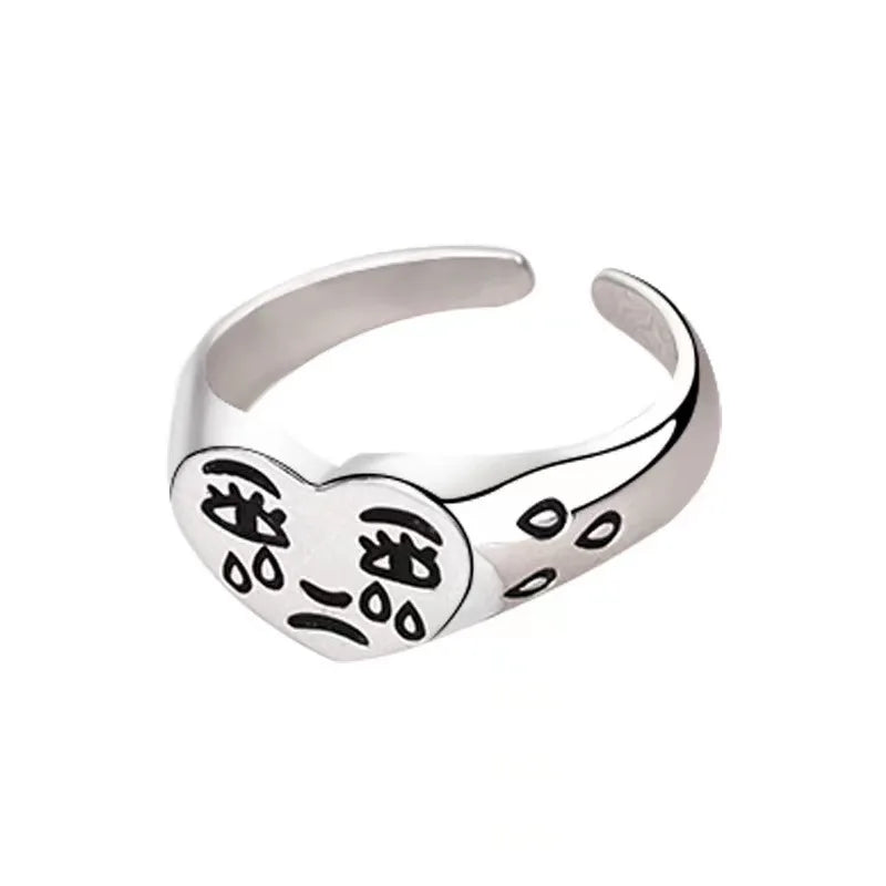 Retro Heart Shape Crying Face Ring For Men Women Silver Color Punk Gothic Open Ring Handmade Unisex Designer Jewelry Accessories